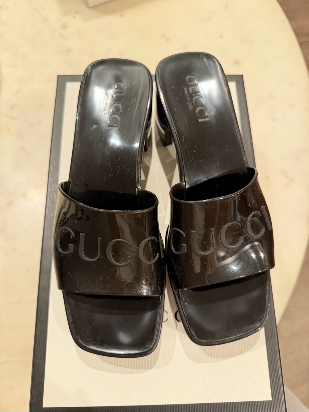 Gucci Black Patent Logo Slide Mules
